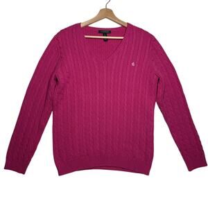 Lauren Ralph Lauren Women's Cable Knit Jumper Sweater LRL logo Pink Magenta XL